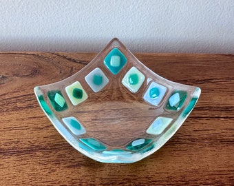 Mini Bowl - Fused Glass - Dipping Bowl or Salt Bowl - Clear Glass with Green and Blue Squares - Votive Candle Holder - Mothers Day Gift