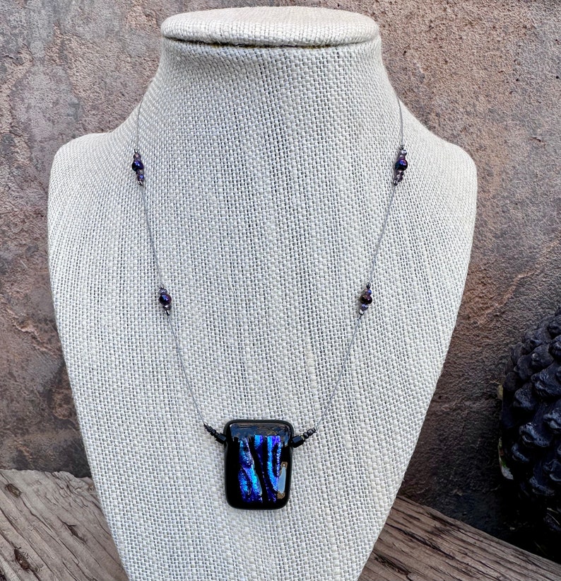 Fused Glass Pendant Necklace Blue Purple Dichroic Glass Black Glass Pendant Beaded Necklace Handmade Gift One of a Kind Necklace image 1