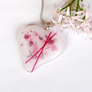 Cross My Heart Fused Glass Pendant -  Fused Glass Jewelry - Pink and White Glass - Valentines Day Gift - Fused Glass Pendant - Heart Pendant
