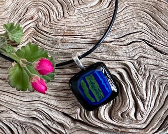 Fused Glass Pendant Necklace: Abstract Blue Green Stripes, Handmade Jewelry