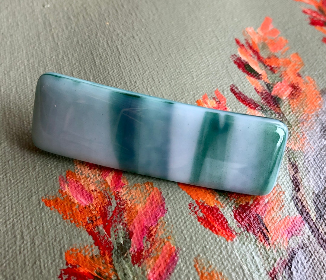 Fused Glass Barrette Emerald Green and White Swirl Glass Handmade Hair