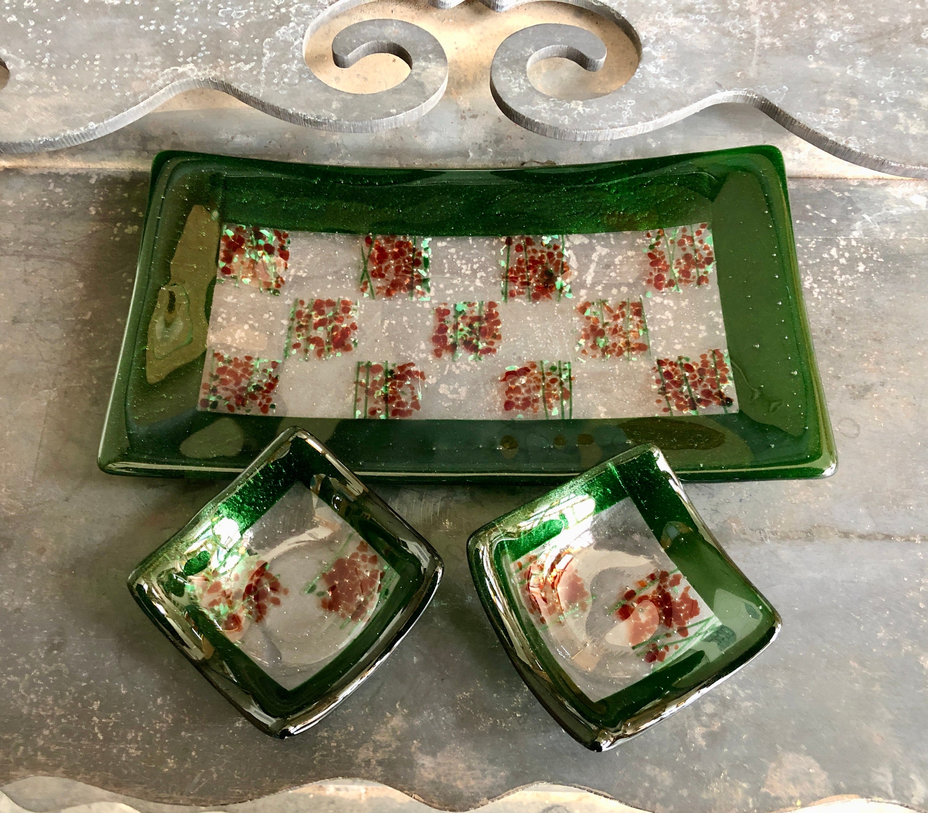 Mini Bowls Fused Glass Two Dipping Bowls Green and Red Checker Design