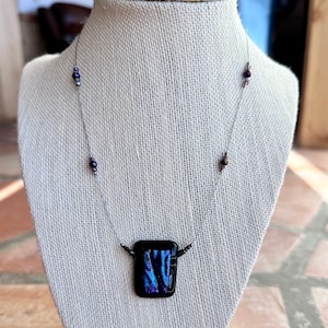 Fused Glass Pendant Necklace Blue Purple Dichroic Glass Black Glass Pendant Beaded Necklace Handmade Gift One of a Kind Necklace image 3