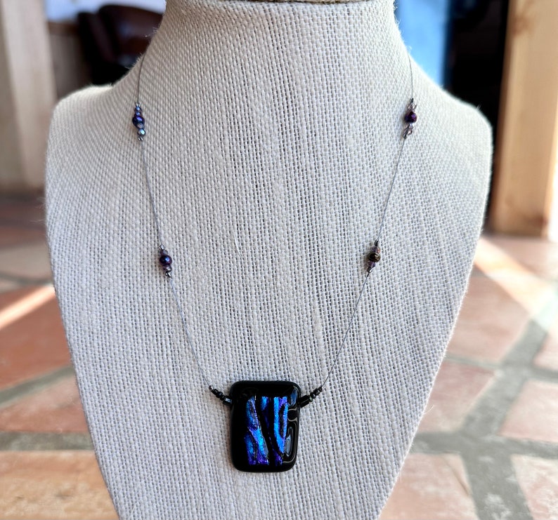 Fused Glass Pendant Necklace Blue Purple Dichroic Glass Black Glass Pendant Beaded Necklace Handmade Gift One of a Kind Necklace image 3