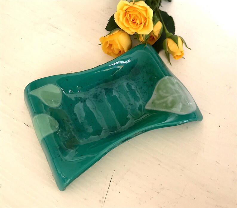 Teal Green Fused Glass Soap Dish Light Green Aspen Leaves Etsy