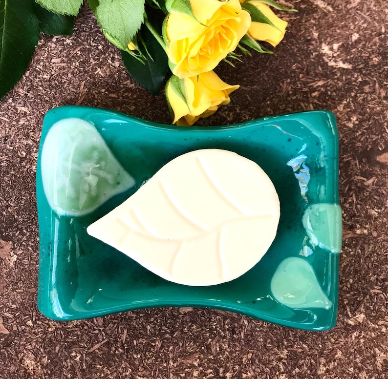 Teal Green Fused Glass Soap Dish Light Green Aspen Leaves Etsy