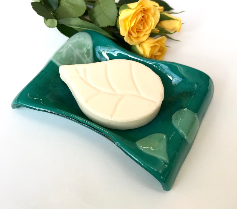 Teal Green Fused Glass Soap Dish Light Green Aspen Leaves Etsy