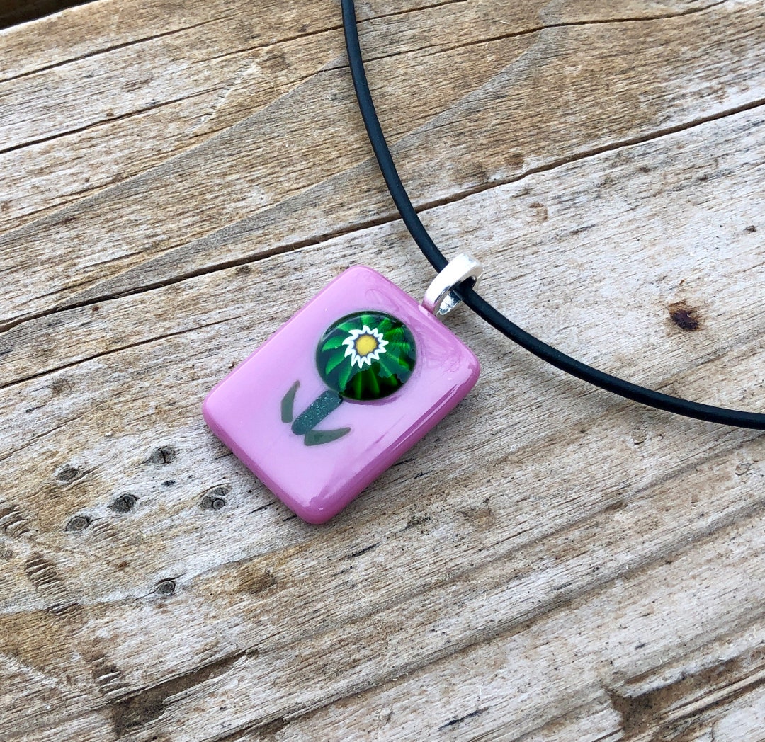 Pink Fused Glass Flower Pendant Necklace Green Millefiori Flower