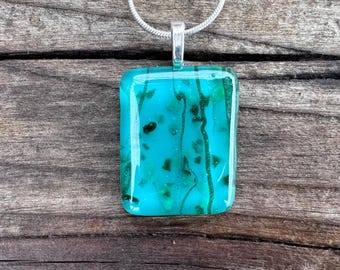 Fused Glass Pendant Necklace: Teal with Green Sparkles, Handmade Jewelry