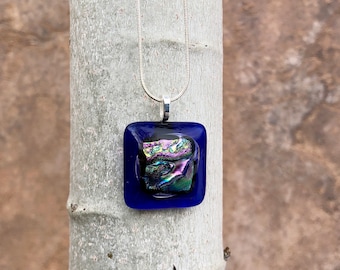 Cobalt Blue Fused Glass Pendant - Pink Dichroic Glass Center - Handmade Glass Necklace - Glass Art Pendant - Handmade Gift - Christmas Gift