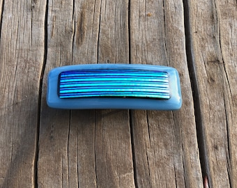Fused Glass Barrette - Light Blue Glass with Brilliant Blue Dichroic Glass Center - Handmade Hair Accessory - Artisan Glass Hair Clip  Gift