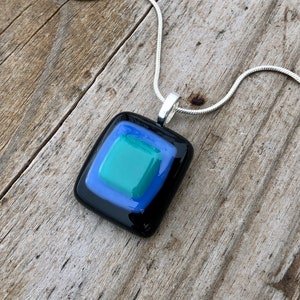 Fused Glass Pendant Necklace: Black, Teal & Periwinkle Geometric Jewelry