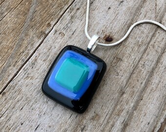 Fused Glass Pendant Necklace: Black, Teal & Periwinkle Geometric Jewelry