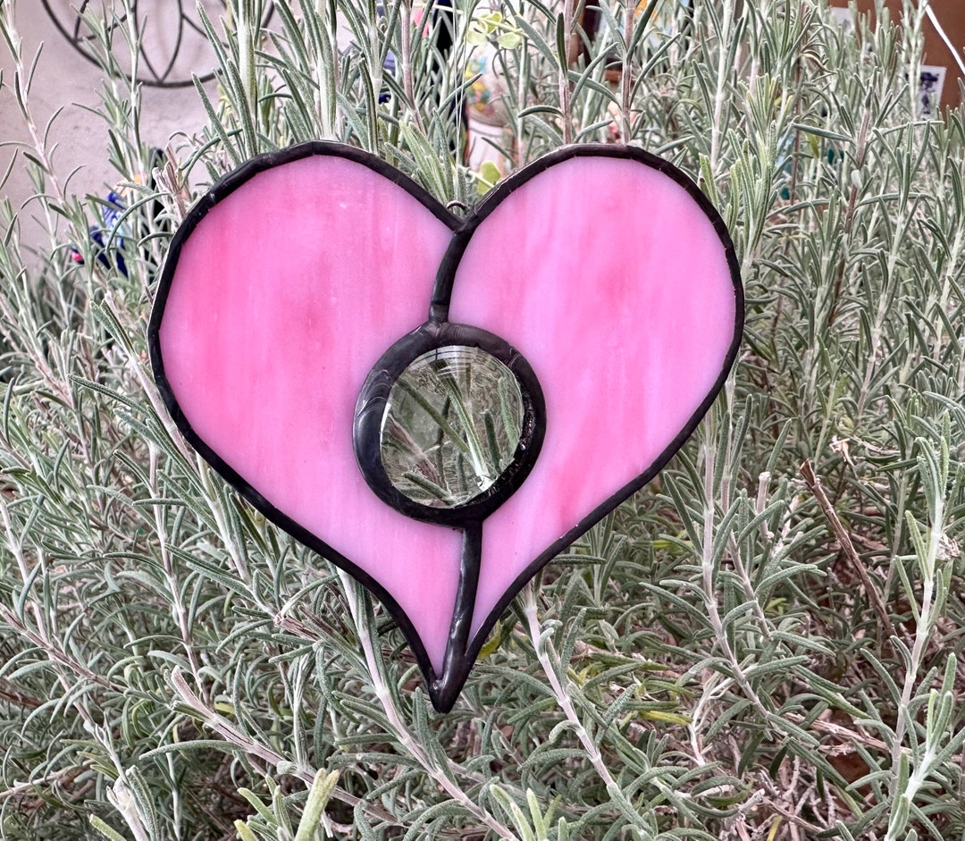 Stained Glass Heart Suncatcher Pink Streaked Glass With Clear Gem