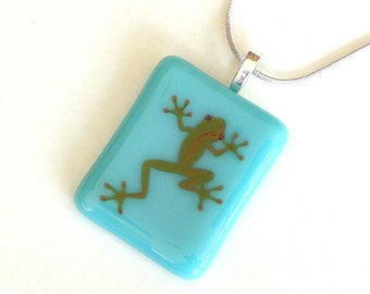 Fused Glass Pendant Necklace - Teal Blue with Green Gecko Decal - Fused Glass Jewelry