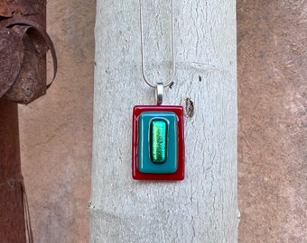 Fused Glass Pendant Necklace - Red and Teal Glass with Blue Dichroic Glass Accent - One of a Kind Handmade Glass - Artisan Glass Necklace