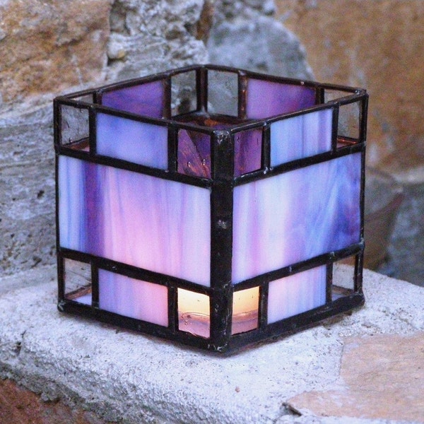 Stained Glass Candle Holder - Purple and Blue Streaked Glass with Clear Glass Corners