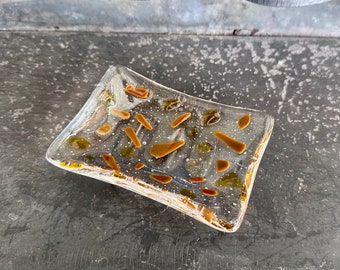 Fused Glass Soap Dish - Brown Amber Clear Glass Dish - Jewelry Dish - Kitchen Dish - Handmade Artisan Glass - Bathroom Decor - Kitchen Decor