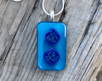 Fused Glass Pendant Necklace - Teal Blue with Cobalt and Aquamarine Blue Accents - Handmade Fused Glass Jewelry - Artisan Gift