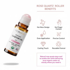Puede incluir: Botella de vidrio marr&oacute;n de aceite de ricino org&aacute;nico con rodillo de cuarzo rosa, etiquetada como "NIYAvera". La botella es de 50 ml y presenta el texto "Rose Quartz Roller Benefits."