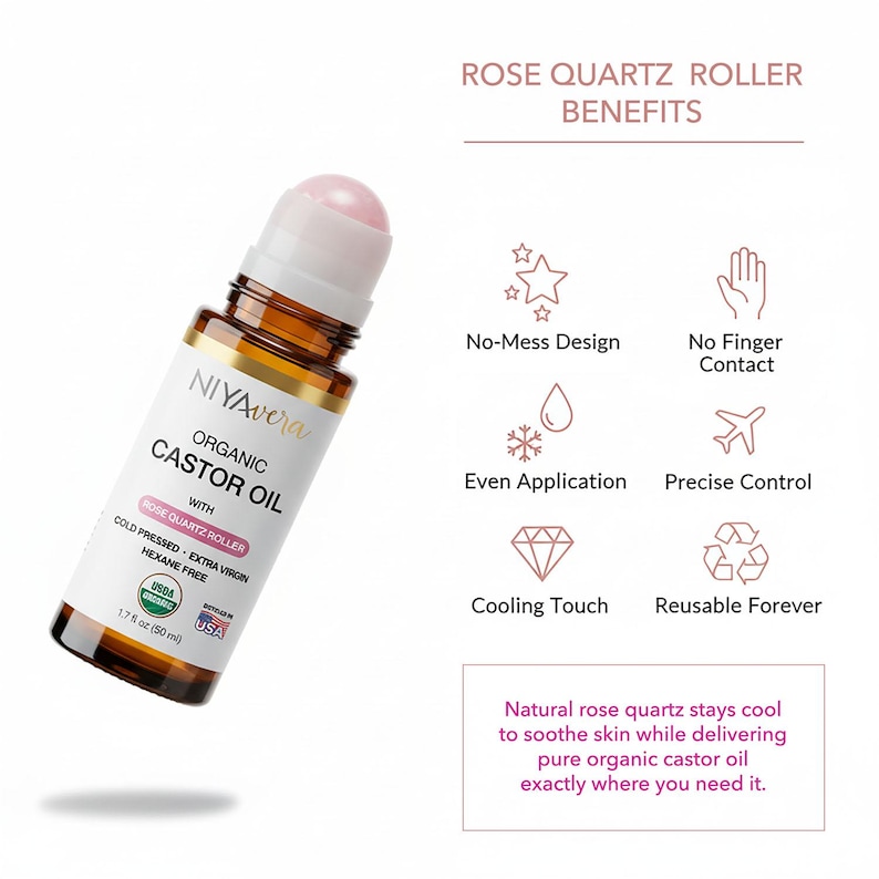 Puede incluir: Botella de vidrio marr&oacute;n de aceite de ricino org&aacute;nico con rodillo de cuarzo rosa, etiquetada como "NIYAvera". La botella es de 50 ml y presenta el texto "Rose Quartz Roller Benefits."