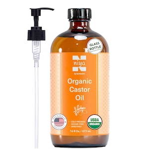 Castor Oil Organic - Cold Pressed, Hexane Free, Unrefined, USDA Certified 16oz -100% Pure and Natural - Non GMO-Glass Bottle with Pump -Niya