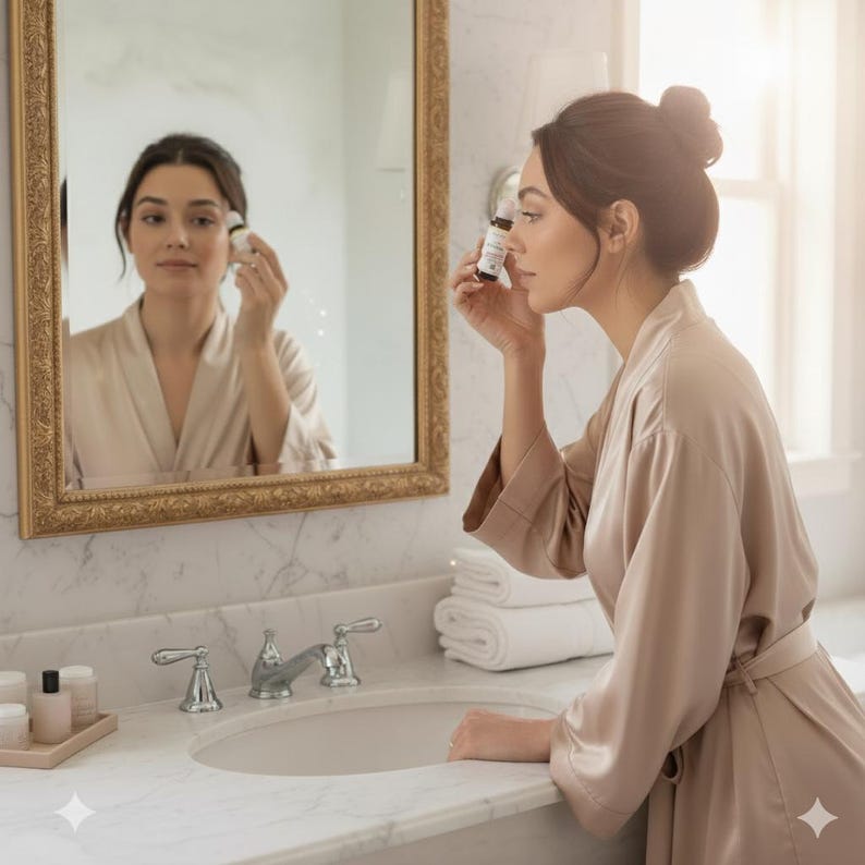 Puede incluir: Una mujer con una bata beige se aplica productos para el cuidado de la piel de un peque&ntilde;o frasco en un ba&ntilde;o. Un espejo con marco dorado refleja a la mujer y el lavabo. Toallas blancas est&aacute;n apiladas en la encimera. El ba&ntilde;o tiene una encimera de m&aacute;rmol y una ventana.