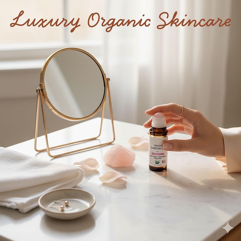 Puede incluir: Un espejo de tocador con marco dorado, una peque&ntilde;a botella de aceite de ricino org&aacute;nico y un peque&ntilde;o plato con pendientes est&aacute;n dispuestos sobre una superficie de m&aacute;rmol blanco. Las palabras "Luxury Organic Skincare" est&aacute;n en la parte superior de la imagen. P&eacute;talos de rosa y un cristal rosa completan la est&eacute;tica.