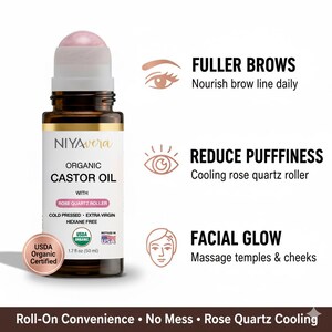 Puede incluir: Una botella de vidrio marr&oacute;n de aceite de ricino org&aacute;nico con un rodillo de cuarzo rosa. La etiqueta dice "NIYAvera ORGANIC CASTOR OIL" y "USDA Organic Certified". El texto tambi&eacute;n dice "Fuller Brows", "Reduce Puffiness" y "Facial Glow".