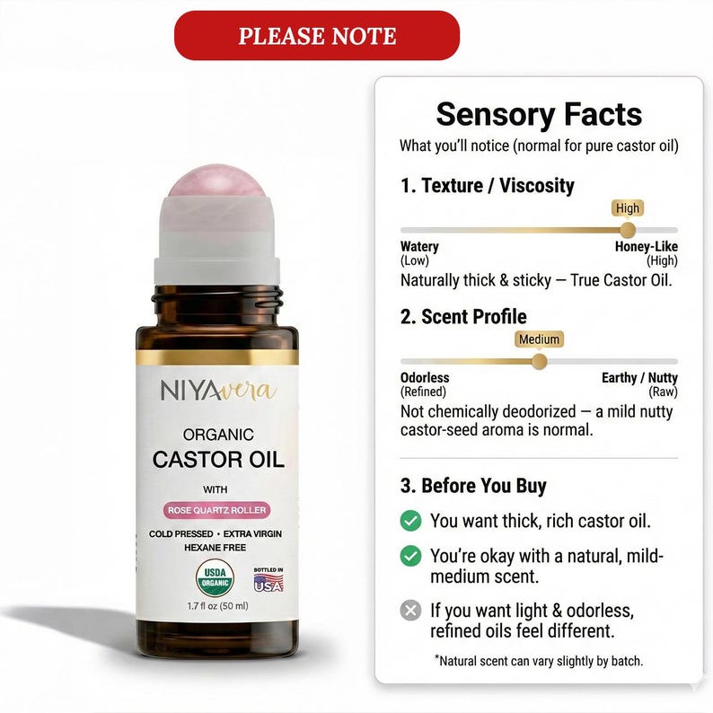 Puede incluir: Una botella de vidrio marr&oacute;n de Aceite de Ricino Org&aacute;nico NIYAvera con un rodillo de cuarzo rosa. La etiqueta indica que es prensado en fr&iacute;o, extra virgen y sin hexano, con un volumen de 50 ml. Producto org&aacute;nico USDA.