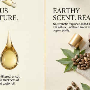 Puede incluir: Imagen de aceite de ricino org&aacute;nico con una gota dorada y una botella. El texto dice: "Viscoso por naturaleza. Puro." y "Aroma terroso. Real." El aceite es prensado en fr&iacute;o, sin filtrar y sin cortar.