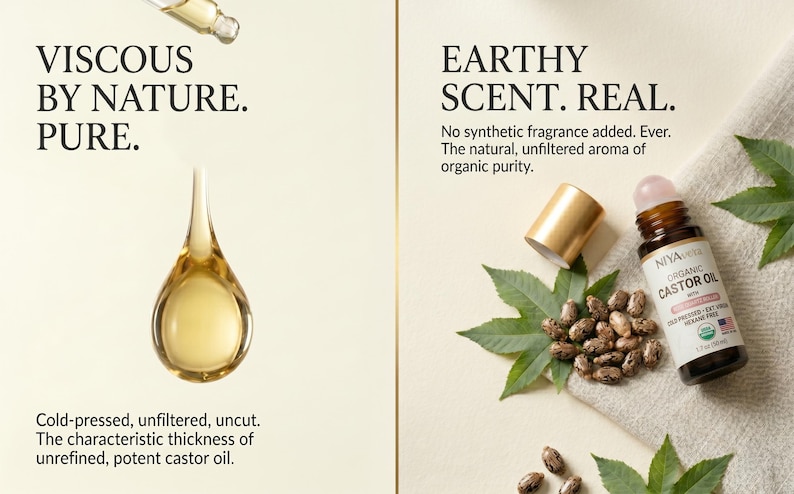 Puede incluir: Imagen de aceite de ricino org&aacute;nico con una gota dorada y una botella. El texto dice: "Viscoso por naturaleza. Puro." y "Aroma terroso. Real." El aceite es prensado en fr&iacute;o, sin filtrar y sin cortar.