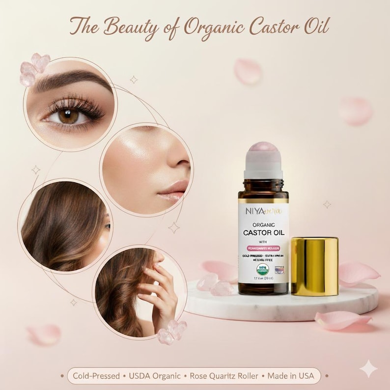Puede incluir: Imagen de aceite de ricino org&aacute;nico con un rodillo de cuarzo rosa. La botella marr&oacute;n tiene una tapa dorada, con la etiqueta "Organic Castor Oil". El fondo presenta im&aacute;genes de piel y cabello, con el texto "The Beauty of Organic Castor Oil."