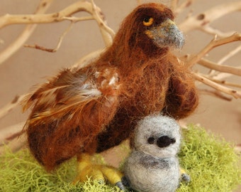 Needle felted animal, needle felted bird, hatchling, Golden Eagle, needle felted, eagle, mother and babies, Waldorf toy, made to order