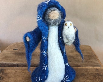 Needle felted Wizard with Snow Owl, Needle Felted Owl, Felted Magician, original design by Borbala Arvai