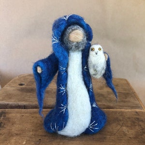 Needle felted Wizard with Snow Owl, Needle Felted Owl, Felted Magician, original design by Borbala Arvai