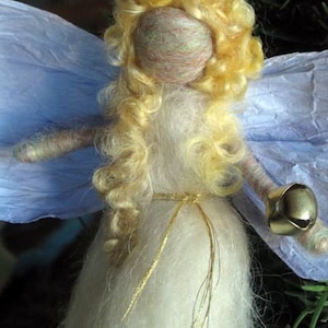 Needle Felted Angel, Angel Ornament, Waldorf Winter Fairy, Nativity Set, Winter Nature Table, Christmas, White, Blonde, Paper Wings and Bell image 1