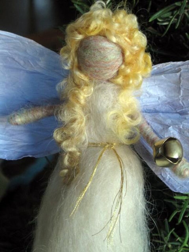 Needle Felted Angel, Angel Ornament, Waldorf Winter Fairy, Nativity Set, Winter Nature Table, Christmas, White, Blonde, Paper Wings and Bell image 1