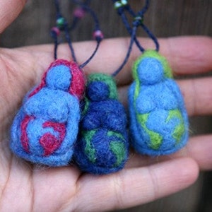 Needle Felted Earth Mama pendant blue, pink Original design by Borbala Arvai, made to order image 1