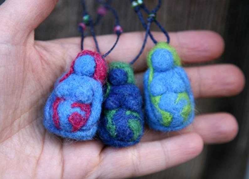 Needle Felted Earth Mama pendant blue, pink Original design by Borbala Arvai, made to order image 1