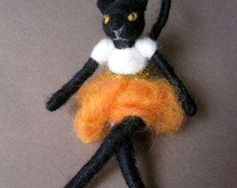 Needle felted Cat, Black Cat Girl, Halloween Doll, decoration and toy, white shirt, Original design by Borbala Arvai, MADE to order