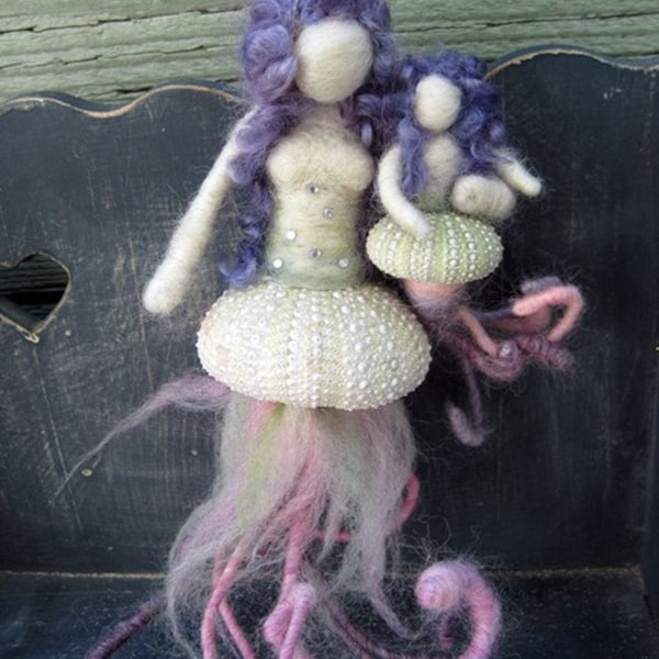 Needle Felted Mermaid, Mother and child, Sea Urchin, Mermaid Mama, Baby Girl, limited edition, Design by Borbala Arvai, MADE TO ORDER