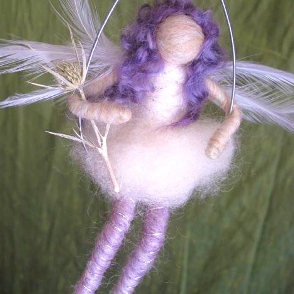 Winter Fairy, Waldorf Doll, Winter Nature Table, White, Purple, Feather wings, silver branch, Original design by Borbala Arvai