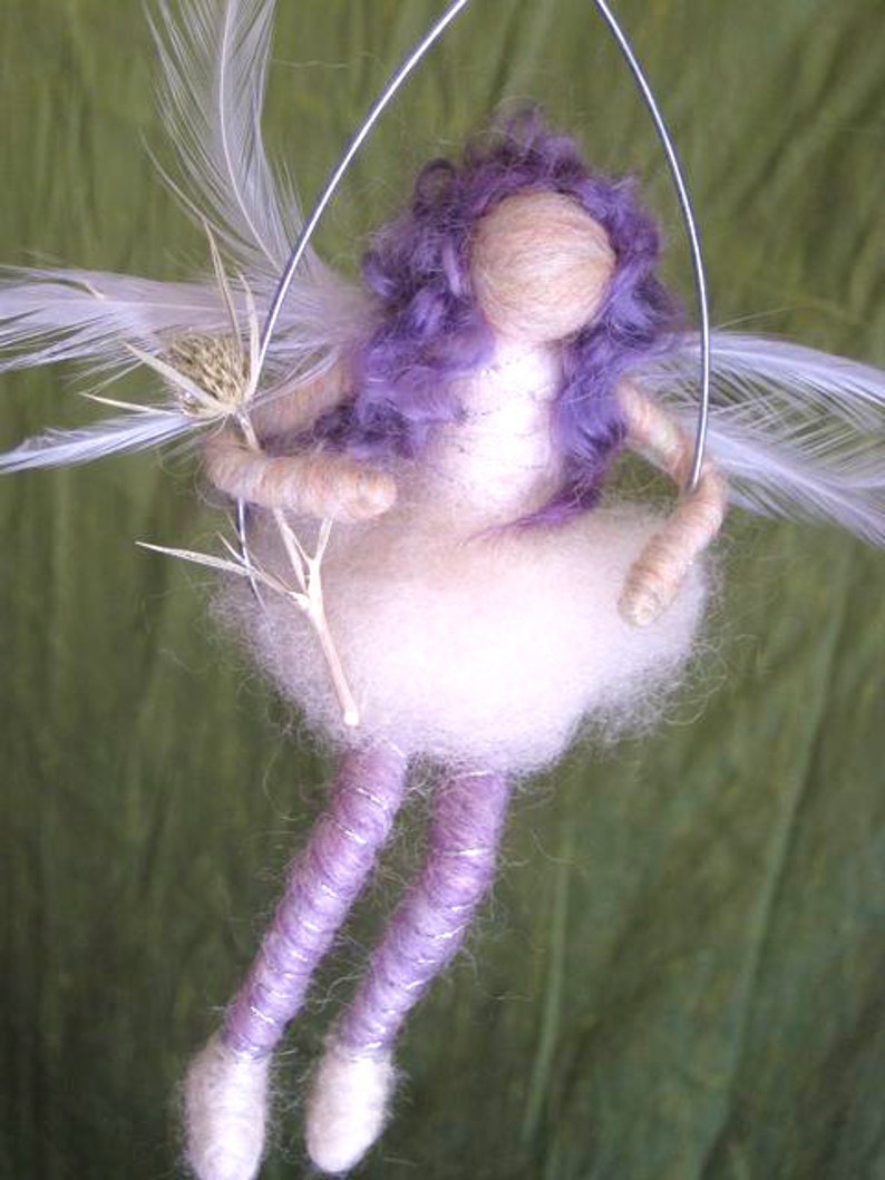 Winter Fairy, Waldorf Doll, Winter Nature Table, White, Purple, Feather wings, silver branch, Original design by Borbala Arvai image 1