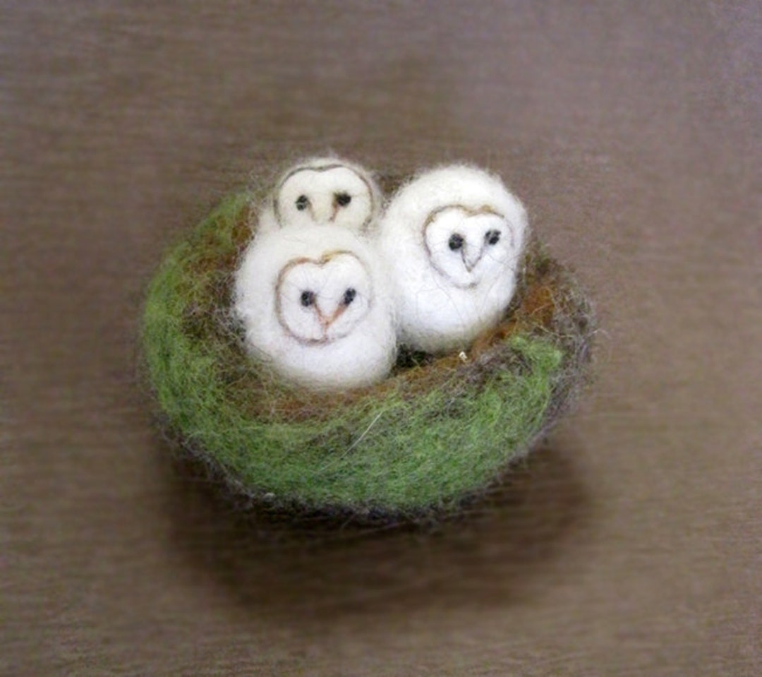 Owls in a Nest, Needle Felted Owl, Three Bird Nest, Baby Owls
