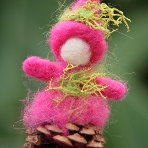 Needle felted ornament,  Pine Cone Elf, Waldorf Nature Table, Christmas ornament, pink, Original Design by Borbala Arvai