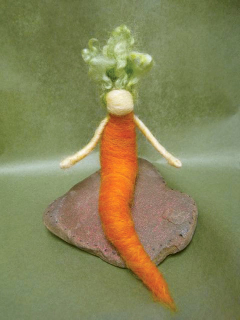 Needle Felted Carrot Girlwith curly hair, Original design by Borbala Arvai, READY to ship vegetable doll waldorf toy fall decoration image 1