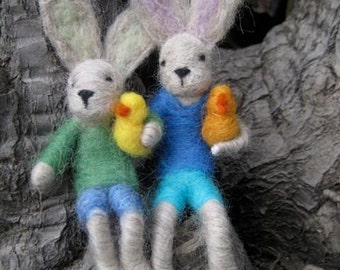 Needle Felted Animal, Bunny Boy and chicken, Spring, Easter, Waldorf Nature Table, Felted Toy (one boy with one chick) MADE to order