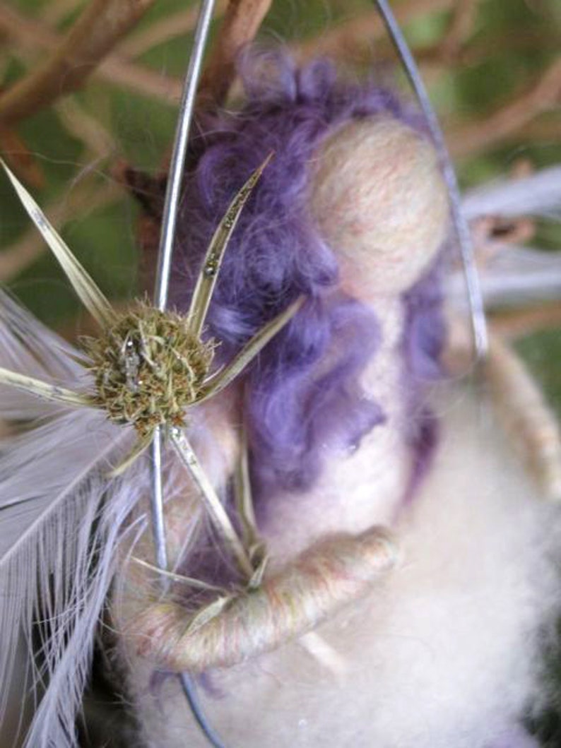 Winter Fairy, Waldorf Doll, Winter Nature Table, White, Purple, Feather wings, silver branch, Original design by Borbala Arvai image 3