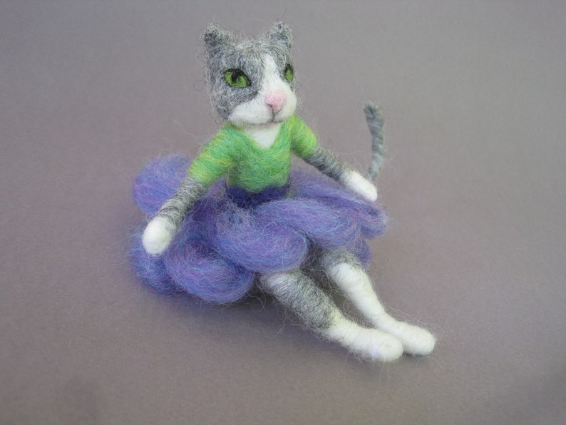 Needle Felted animal, Cat Girl, Waldorf toy, white gray cat, felted doll, needle felted kitten, decoration, posable toy, MADE to order image 2